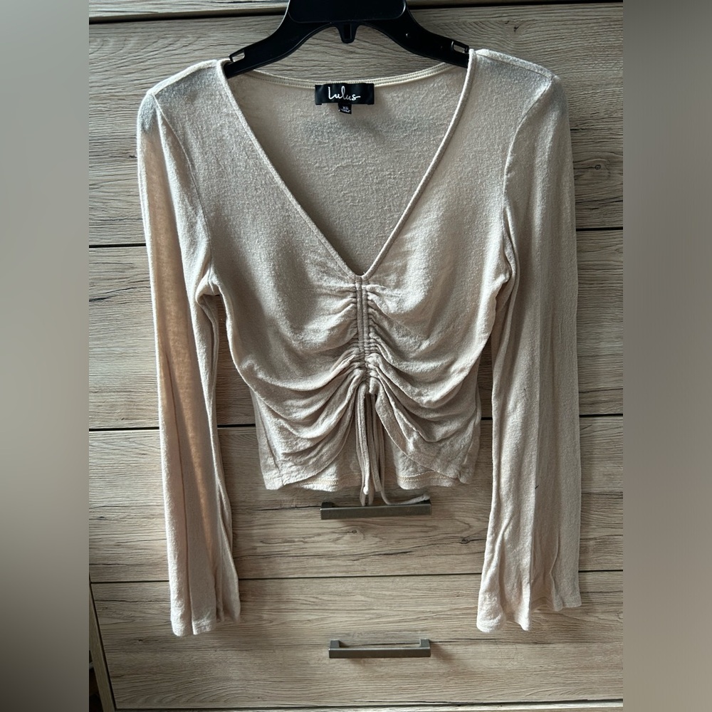 Cream long sleeve cinched lightweight top Lulus